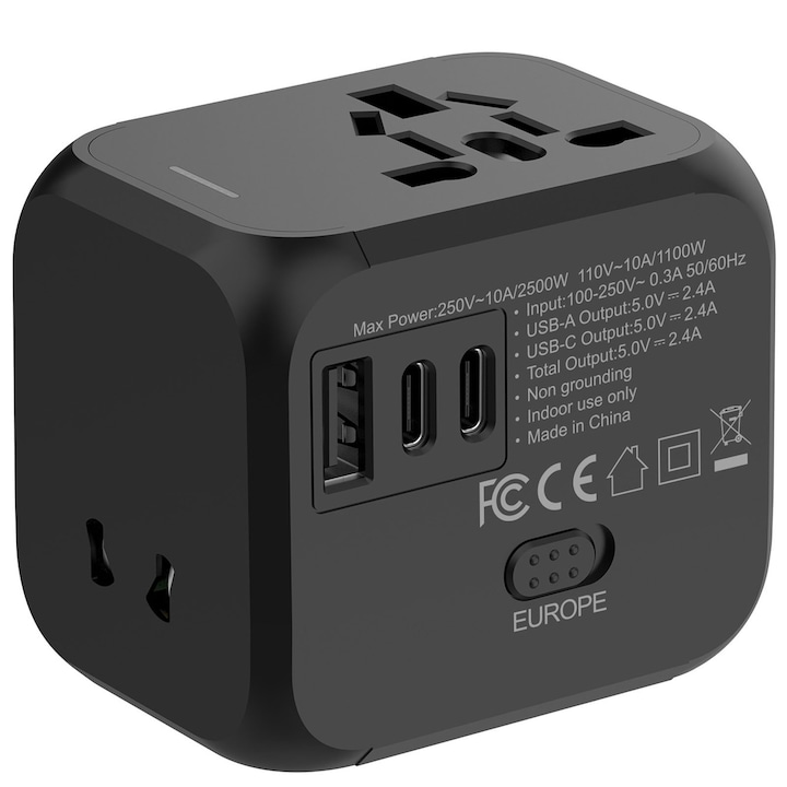Univerzális hálózati adapter, Hggzeg, Univerzális utazási hálózati adapter, 1xUSB, 2xtype-c, 110-250V, Beépített védő, biztonsági redőny és áramjelző lámpa, USA/EU/UK/AUS, PC/Fém, 66 x 57 x 56 mm, Fekete