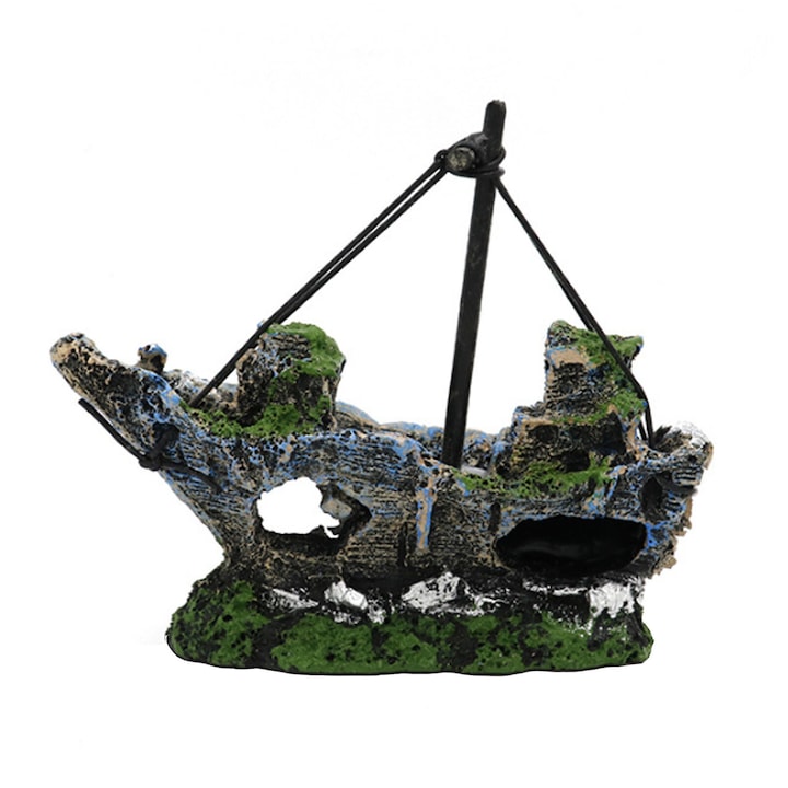 Törött hajó dekoráció akváriumba, Hggzeg, akváriumi dekorációk, újrafelhasználható, hordozható, nem fakul ki, minden terráriumhoz, akváriumhoz, édesvízi és sósvízi, kis- és közepes halakhoz, gyanta, 12x14,5x5 cm, többszínű