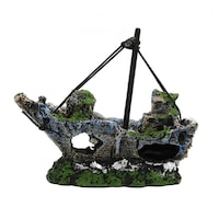 Decor nava naufragiata pentru acvariu, Hggzeg, Decoratiuni acvariu, Reutilizabile, Portabil, Nu se estompeaza, Pentru toate terariile, acvarii, de apa dulce si apa sarata, pentru pesti mici si mijlocii, Rasina, 12x14.5x5cm, Multicolor