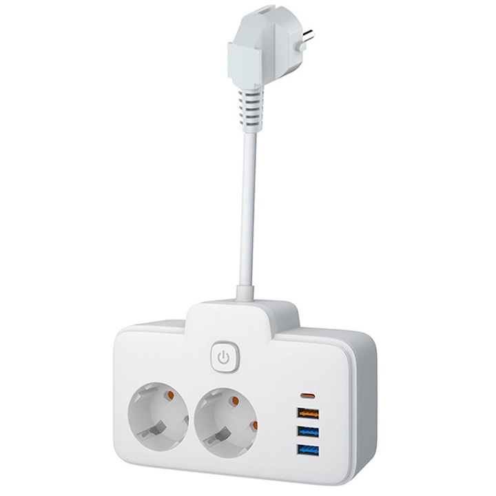 Intelligens hosszabbító kábel, Hggzeg, 6 az 1-ben aljzatadapter, 2 USB + 1QC gyorstöltés + 1 Type-c, 2 konnektor, független kapcsoló, PD20W, indukciós főzőlapokhoz, hűtőszekrényekhez, mikrohullámú sütőkhöz, műanyag / fém, 151 x 97 x fehér