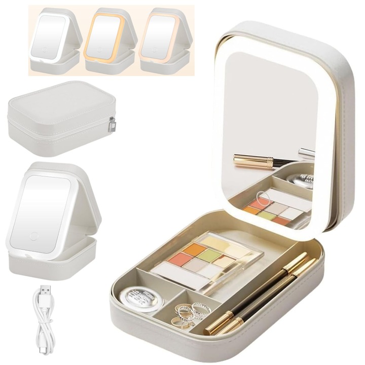 Mini oglinda cosmetica cu led pentru machiaj, Hggzeg, Oglinda cosmetica cu led pentru machiaj, Cu cablu de incarcare USB, Iluminata LED, 3 tipuri de lumina, Touch switch, Pentru iesirile in oras sau calatorii, PU/PS, 16.5x11.2x6 cm, Alb