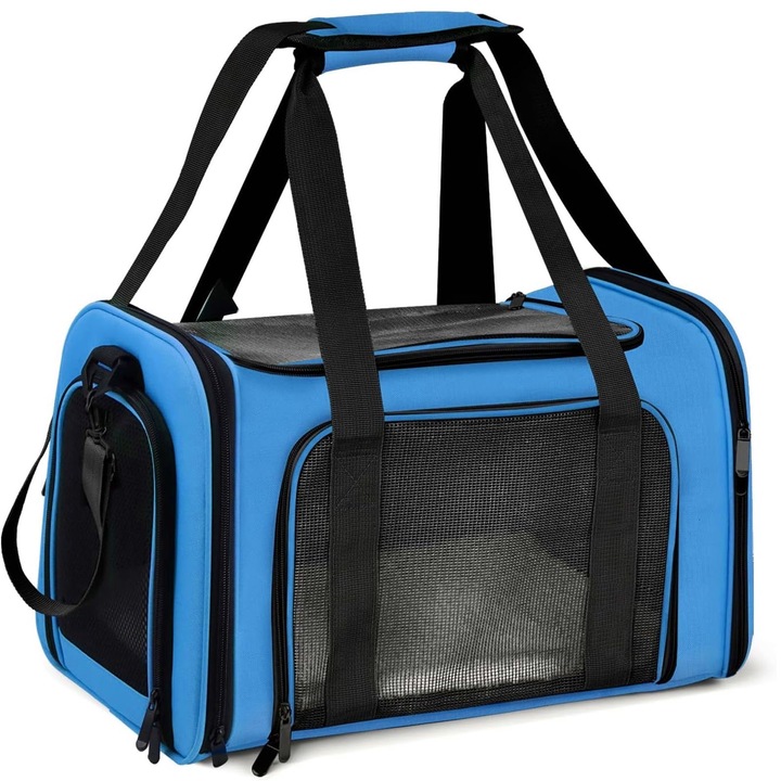 Чанта за носене на малки животни, SINBINTA, Пътна чанта за кученца за малки кучета, Одобрена за авиокомпании, Меки страни, Сгъваема, С поларена възглавница, Вентилационна мрежа, 50*34*34 см, Синя