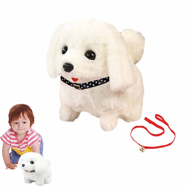 Jucarie interactiva, SINBINTA, Jucarie de plus catelus caine, Plimbare, Latrat, Clatinare din coada, Cu baterii, Pentru copii mici, Poliester, 17 x 13 x 15cm, Alb