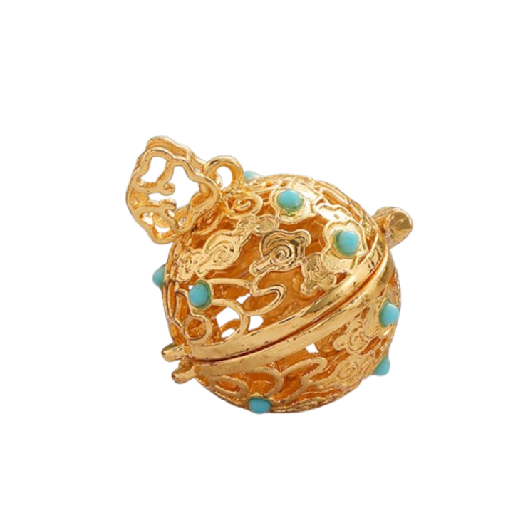 Pandantiv vintage din cupru emailat, set cu margele de tamaie naturala orientala, colier aromaterapie, cu lant placat cu aur de 18k