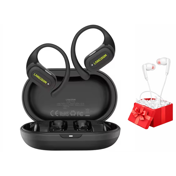 Casti Wireless, Open Ear, Casti Bluetooth, Muzica si Apeluri clare HIFI, Munca si Sport, Casti Audio, Impermeabile IPX5, Tehnologie ENC, 40h Autonomie(6, 5hx5 incarcari/casca), Open Touch, Design Ergonomic, Usoare, Confort, Compatibilitate Mare, Negru