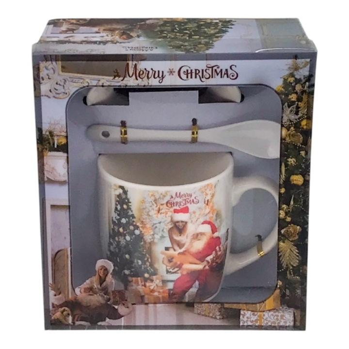 Cana din ceramica cu capac si lingurita cu Mos Craciun si Merry Christmas.17x18 cm M3