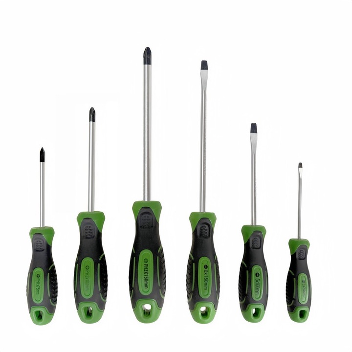 6 db mágneses fejű csavarhúzó készlet, 3 db Phillips típusú és 3 db lapos típusú, csúszásmentes fogantyúval, 3x75mm, 5x100mm, 6x150mm méretben