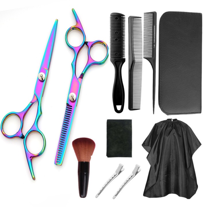 Foarfece profesionale de tuns si filat Fudisenn®, pentru frizerie, salon sau coafor, 11 piese, foarfece plate si dentare, inox, cu geanta de depozitare, pelerina, piepteni, cleme si perie, 17 cm