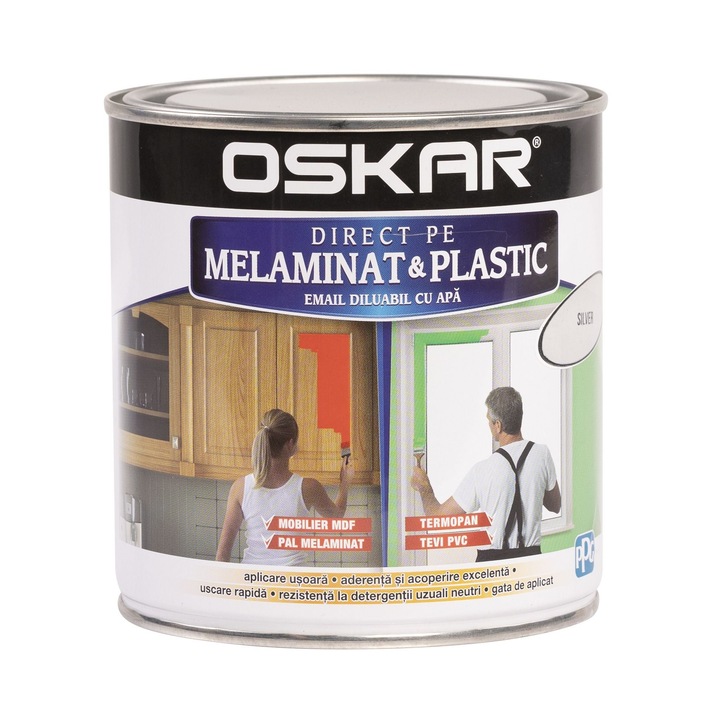 Email pe baza de apa Oskar Direct pe Melaminat si Plastic, argintiu, aspect satinat, 0.6 L