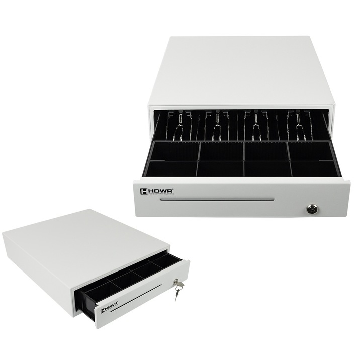 Бяло чекмедже за пари, икономично и надеждно - изработено от дебела студено валцована стомана, сейф, 4 отделения за банкноти и 8 регулируеми отделения за монети. Ръчно, аварийно или електронно отваряне чрез кабел RJ12, HDWR HD-KER35W