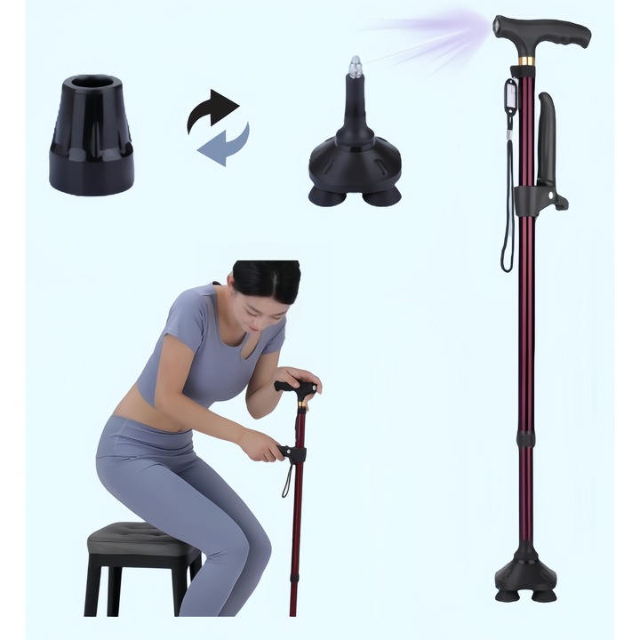 Baston de mers pe jos, reglabil, cu lumina, cu suport pentru brate, bastoane de mers pe jos pentru barbati si femei, baza cu un singur picior si baza cu patru picioare de sus 360°swivel, bastoane de mers pe jos pentru seniori si adulti, rosu vin