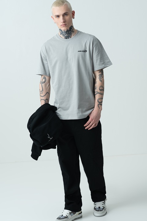 Karl Kani, Tricou de bumbac cu imprimeu text si grafic pe spate, Gri cenusiu/Verde lime