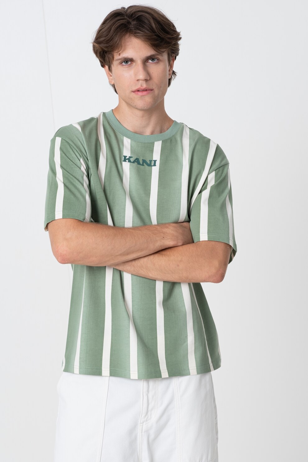 Karl Kani, Tricou in dungi cu logo, Bej, Verde feriga, L