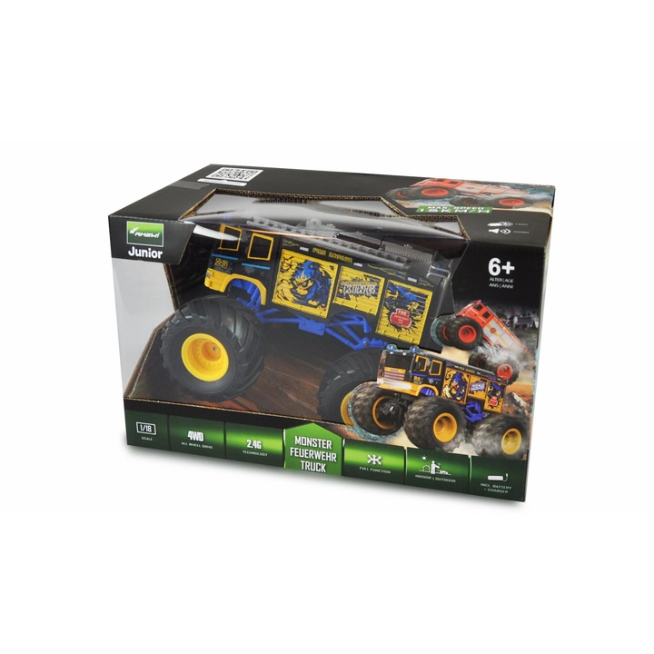 Masinuta Monster Truck cu telecomanda, 1:18, AMEWI, ABS, albastru/galben, 220x150x180mm, 2WD