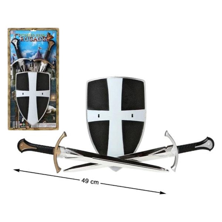 Комплект от 2 играчки мечове и щит, BigBuy Carnival, бяло/черно, 57x29 см