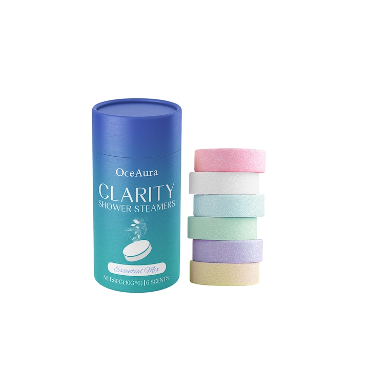 OceAura aromaterápiás zuhany tabletta készlet, 6 aroma, eukaliptusz-menta, tej-méz, citrus, teafa, levendula, rózsa, 6x6 cm