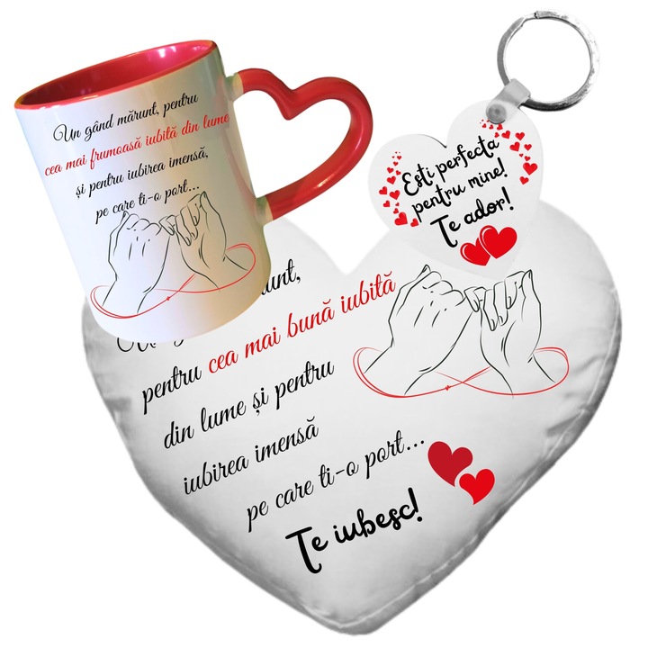 Set cadou pentru iubita, compus din perna personalizata, cu husa detasabila, cu fermoar, 40x40 cm, cana personalizata, cu interior de culoare rosie si maner in forma de inima, capacitate 330 ml si breloc din mdf, in forma de inima