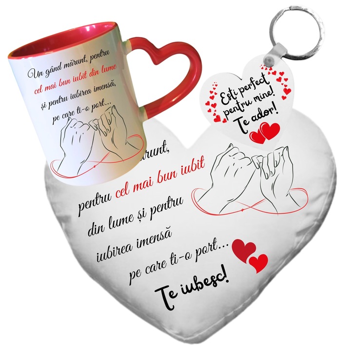 Set cadou pentru iubit, compus din perna personalizata, cu husa detasabila, cu fermoar, 40x40 cm, cana personalizata, cu interior de culoare rosie si maner in forma de inima, capacitate 330 ml si breloc din mdf, in forma de inima