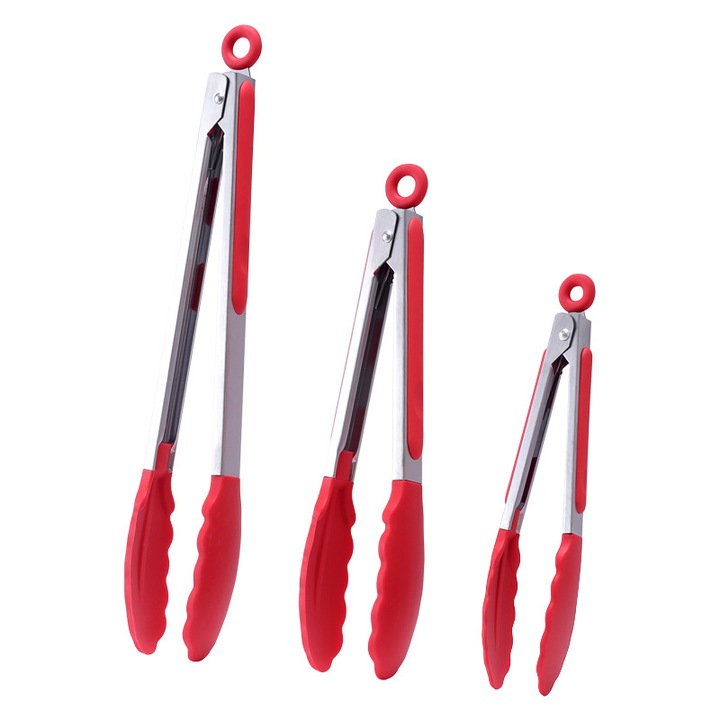 Clema pentru alimente, clema pentru gratar 7 inci 9 inci 12 inci, silicon din otel inoxidabil, bucatarie clema pentru alimente, rosu, set de trei piese