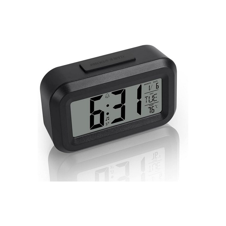 Ceas cu alarma digital 12/24 ore, data, afisare a temperaturii, functie de cronometru, functionare cu baterie, negru, 2.8x9x5.8cm, Vicloon