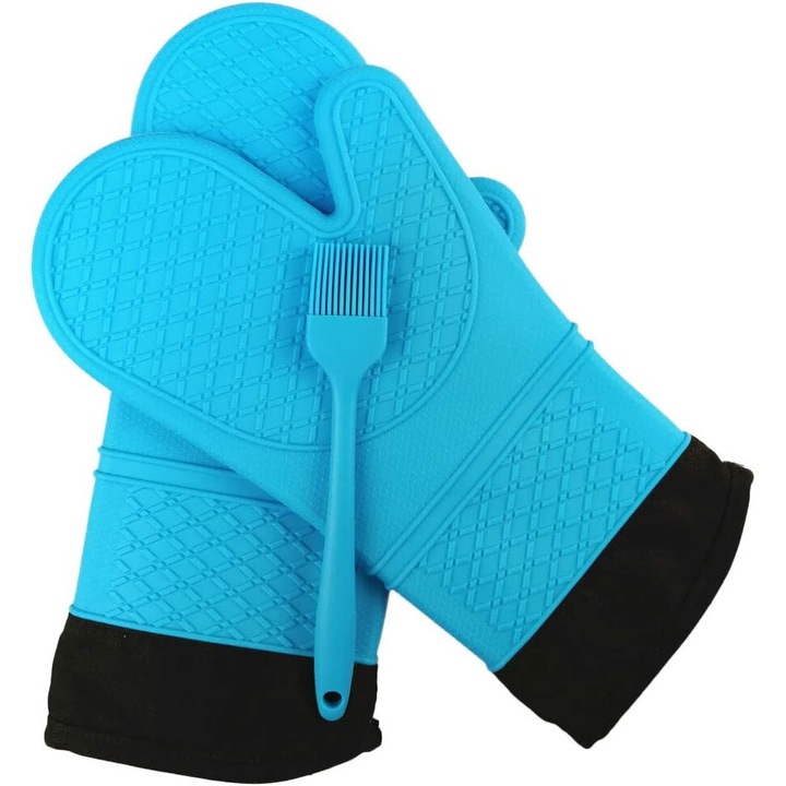 Smithcraft professzionális szilikon sütőkesztyű, vastag steppelt belső, csúszásmentes kialakítás, hőálló, vízálló, kefével, konyhába, kék