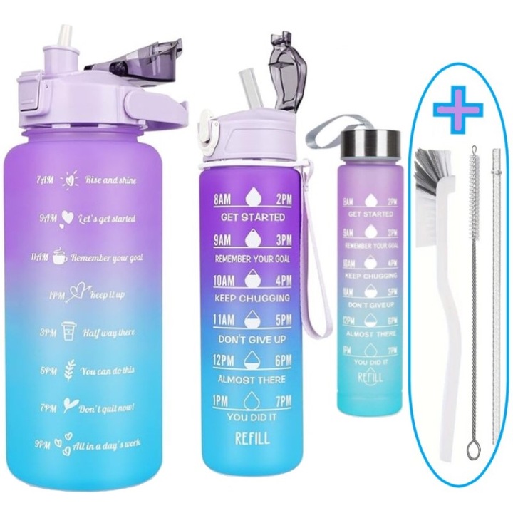 Комплект от 3 мотивационни бутилки за вода Tritan, 1800 ml, 750 ml, 280 ml, лилаво-тюркоазени, с аксесоари