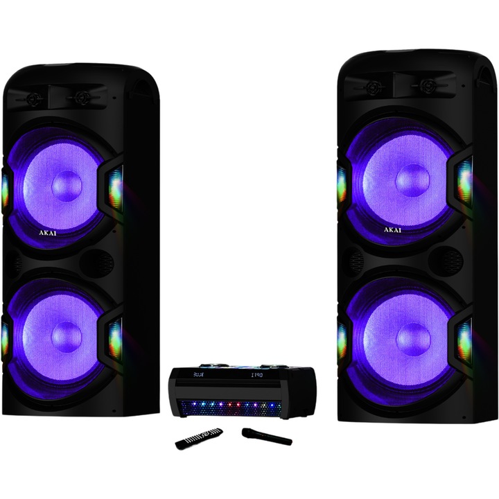 Аудио система Akai Dual Speaker System Y5 с усилвател, 2 микрофона, 480W RMS, Черен
