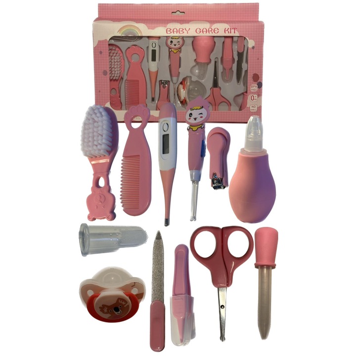 Set ingrijire bebelus, 12 piese, fara BPA, pieptene, perie par moale, termometru, forfecuta cu varf rotunjit, aspirator nazal, unghiera, pila, dozator picaturi, periuta de dinti din silicon, suzeta, dispozitiv curatare urechi, penseta, roz