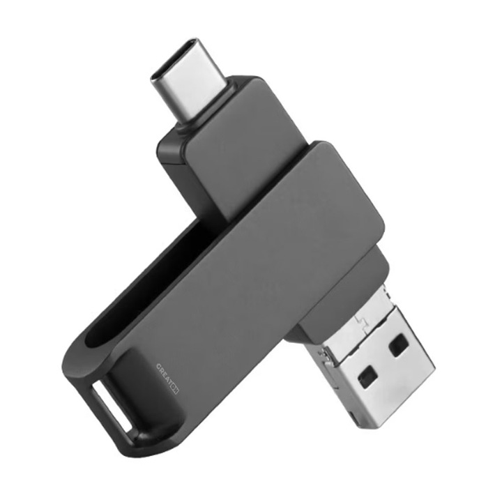GREATON 4 az 1-ben Memory Stick, USB 3.0, USB Type-C, Lightning, 360⁰ forgatható fedél, vízálló, OTG-kompatibilitás, táblagép, telefon, számítógép, tévé, nagy sebesség, 256 GB kapacitás, fekete