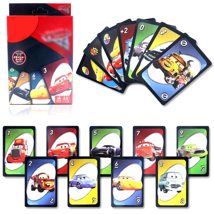 Комплект карти за игра Cars UNO, настолна игра Cars UNO, 2-10 играча, 7 години+, за деца или възрастни, многоцветна