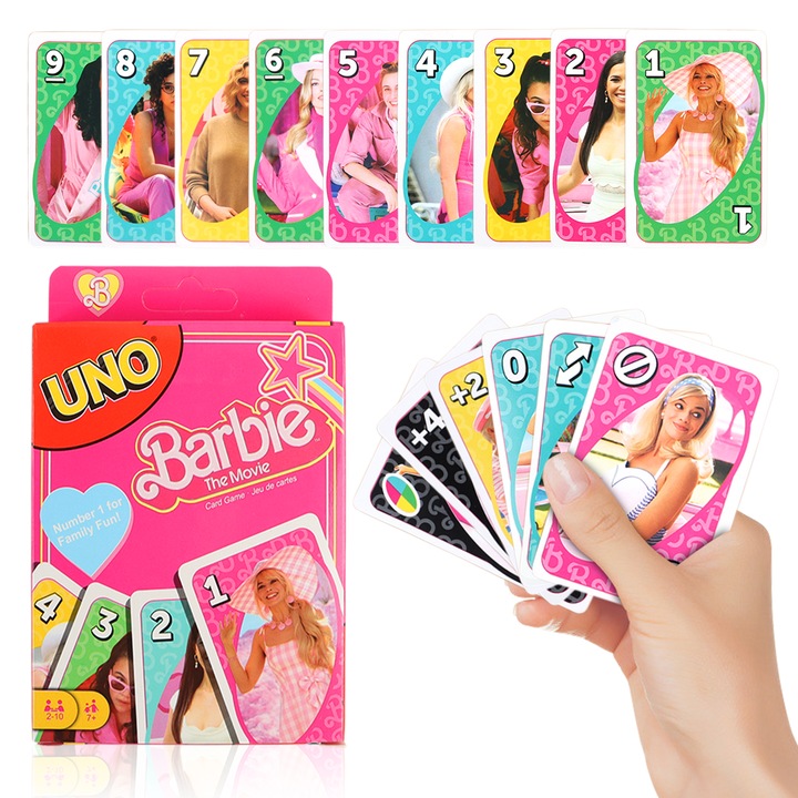 Комплект карти за игра Barbie UNO, настолна игра Barbie UNO, 2-10 играча, 7 години+, за деца или възрастни, многоцветна