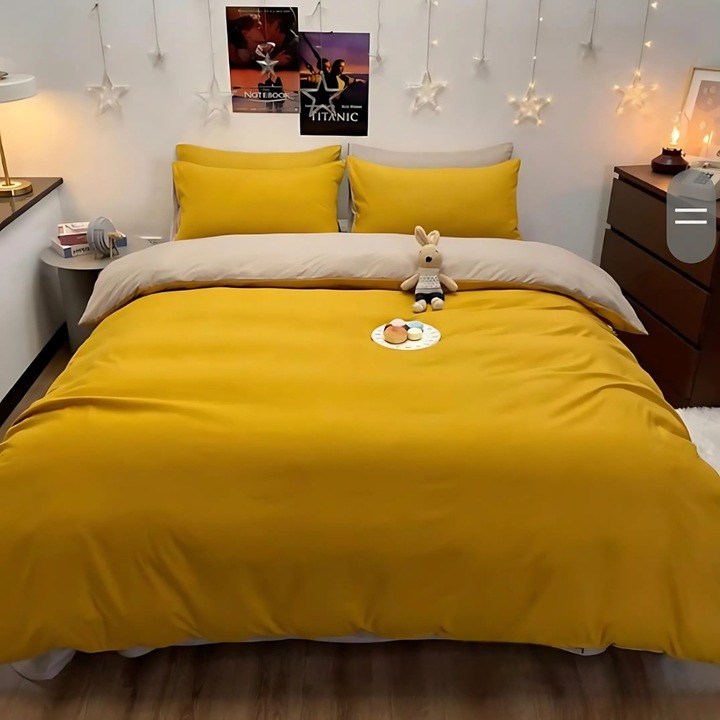 Комплект от 4 двойно спално бельо, хипоалергенно, Promerco, двустранен дизайн, елегантен, изискан, премиум полиестерен материал, издръжлив, устойчив, плик за завивка 200 x 200 cm, чаршаф 200 x 200 cm, калъфка за възглавница, 2 x 50 x 70 см, жълто/сиво