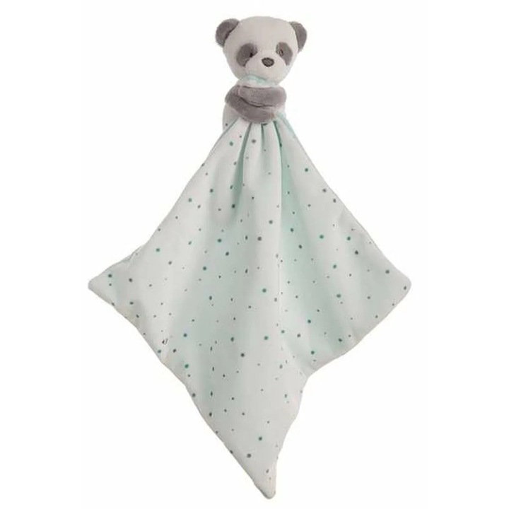 Paturica-jucarie pentru bebelusi BigBuy, model Panda, 25x25cm, culoare aquamarine
