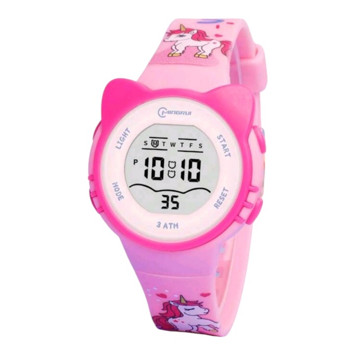 Розов детски часовник с дъгов дизайн на еднорог, водоустойчив