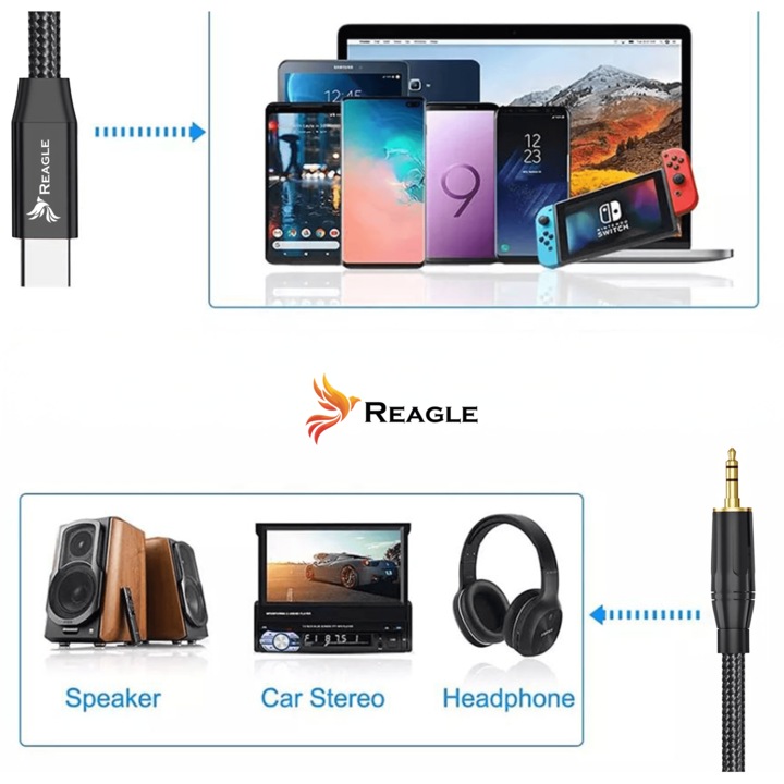 Adaptor audio USB-C la jack 3.5 mm - Convertor USB tip C la AUX mini jack DAC 5m - Reagle RUCJ500P2