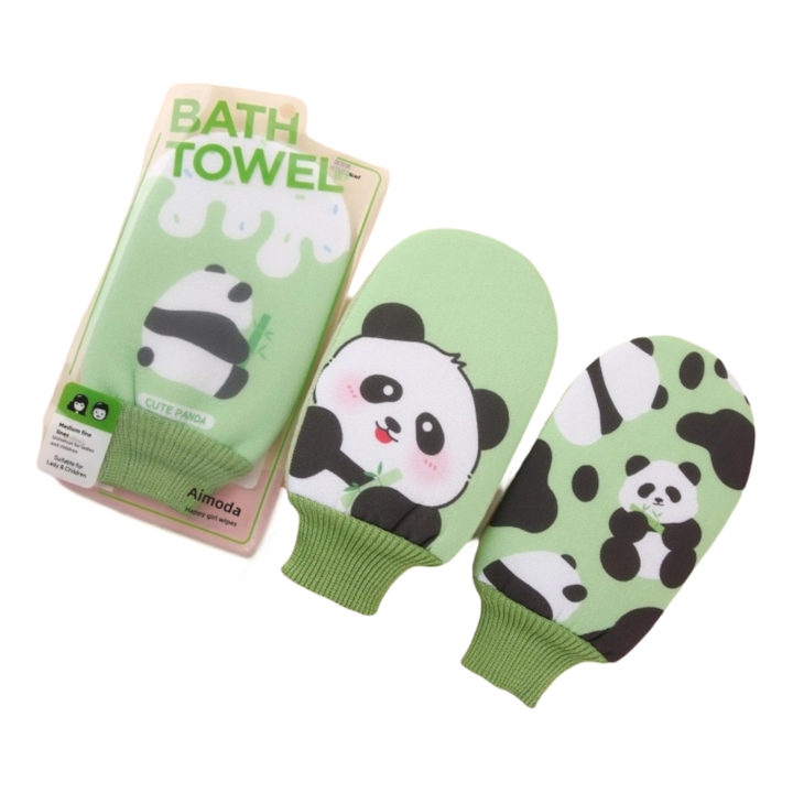 Pachet de 3, exfoliant corporal Panda pentru baie si dus, manusa pentru exfoliere corporala, pentru indepartarea pielii moarte - exfoliant de baie cu manusa de exfoliere pentru femei si copii