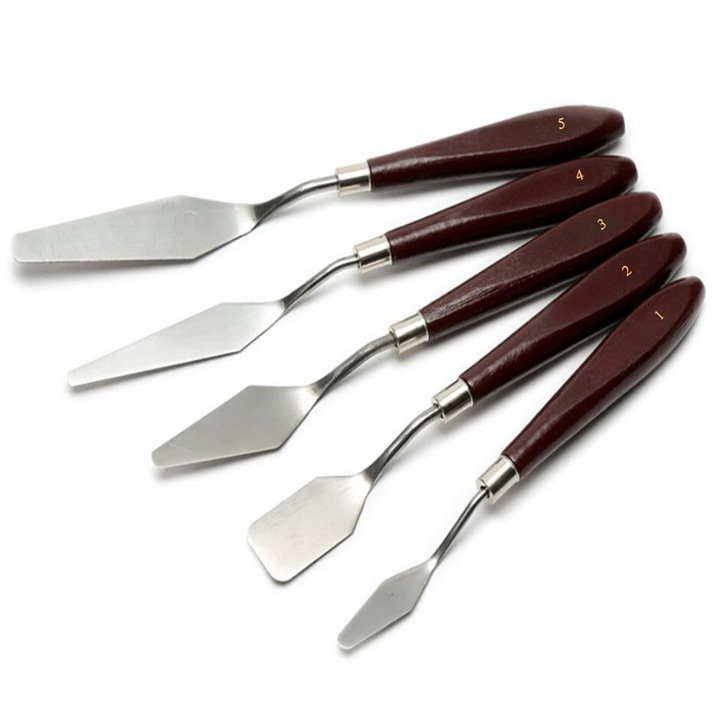 Set de 5 bucati cutit pentru pictura pentru ulei, vopsea acrilica, decorarea torturilor, cutit pentru paleta din otel inoxidabil Cutit pentru vopsea Spatula de arta pentru diferite tipuri de pictura, amestecarea culorilor, manjire