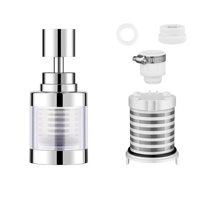 Konyhai csaptelep vízszűrő, PsAyl, 360°-os fröccsenésgátló, univerzális forgatható, rozsdamentes acél szűrőpatron