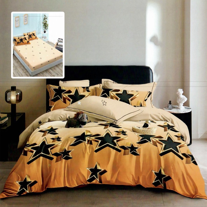 Dupla ágynemű Finet Cotton 6 db matrachuzattal 160x200 vagy 180x200 cm, paplan 200x230 cm, 2 párnahuzat 50x70 és 70x70 cm, Bézs-narancs, Pucioasa HF6P270