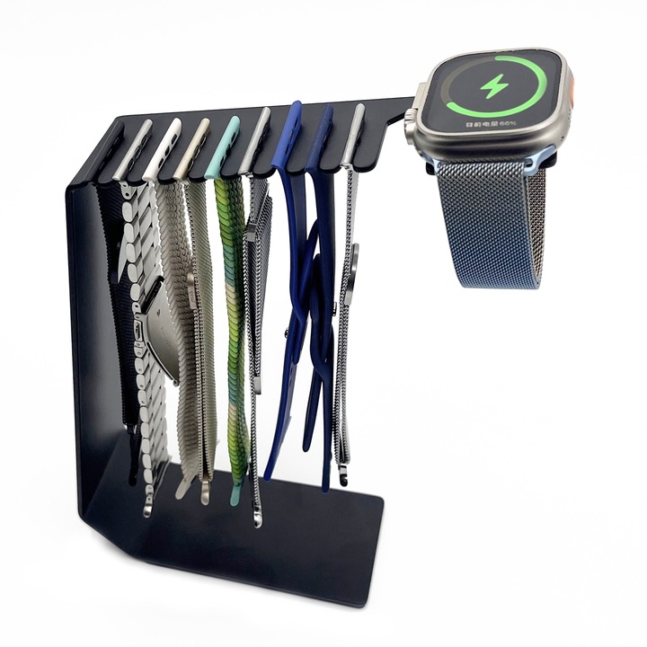 Docking Stand 2 in 1 cu Organizator pentru Curele, Compatibil cu toate seriile Apple Watch, din Otel Inoxidabi, 18x14.5cm, Negru