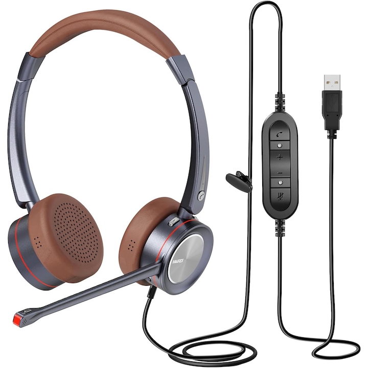Casti call center USB cu microfon reglabil, functie anulare zgomot, sunet HD, buton mute cu indicator LED, pentru computer, softphone Voip, birou, centru de apeluri