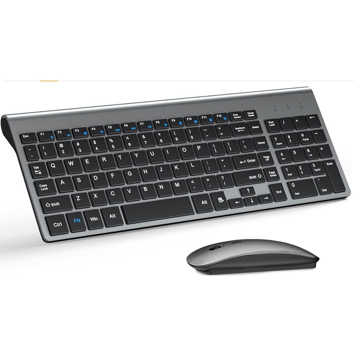 Puepoul vezeték nélküli billentyűzet és egér szett, ultravékony, 2.4G csendes, 2400 DPI, egér és ollós kapcsoló, PC-hez/laptophoz/Windowshoz/Mac-hez - fekete-szürke