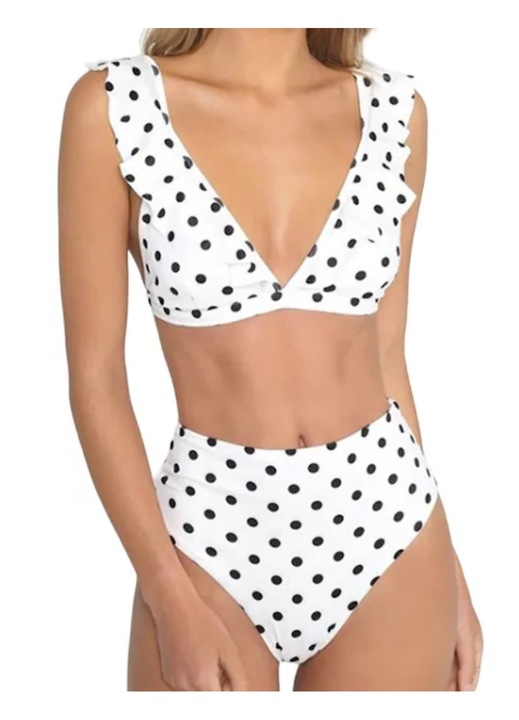 Дамски бански костюм, 2 части, секси модерен модел на точки, сутиен с волани, дълбоко V-образно деколте и бикини с висока талия, размер L, разделен, секси, бял