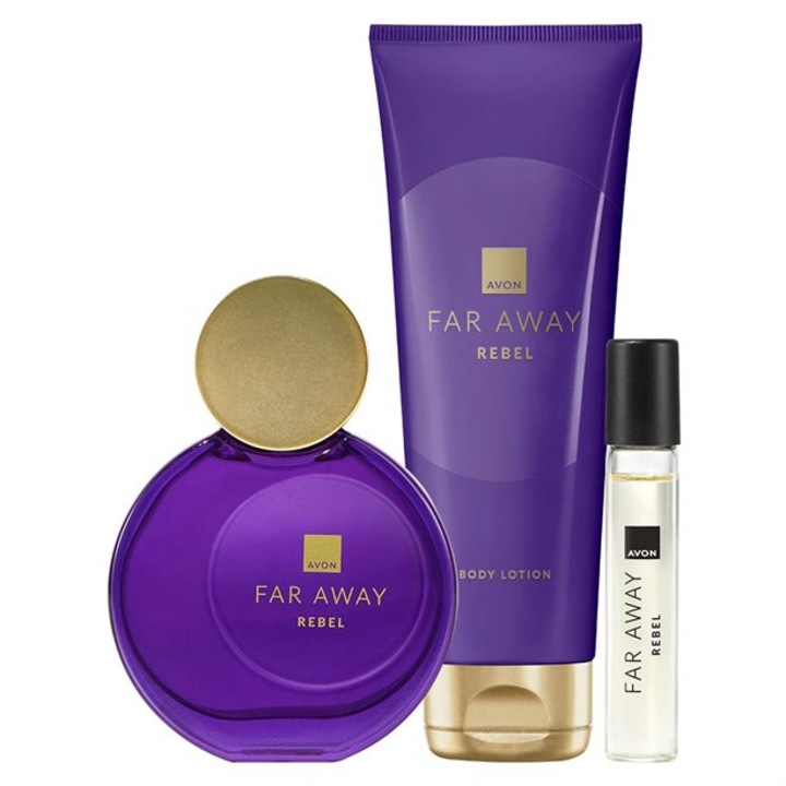 Set 3 produse Far Away Rebel, Avon - Apa de parfum 50 ml, Lotiune de corp 125 ml, Mini-Apa de parfum 10 ml
