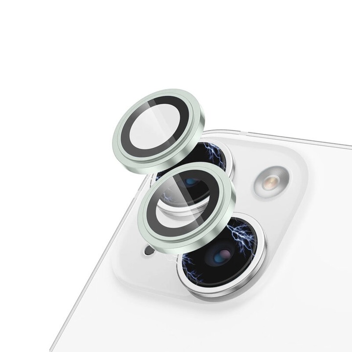 Apple iPhone 15/15 Plus készülékkel kompatibilis kameravédő fólia, S+ kameraüvegvédő, biztonságos üveg, zöld-átlátszó