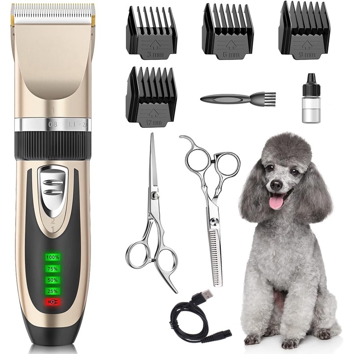 Masina de tuns animale de companie fara fir, Profesionala pentru caini, pisici, 2 viteze, zgomot redus, Afisaj nivel baterie reincarcabila, Acumulator trimmer 2000mAh, cablu usb, Silentioasa, Auriu