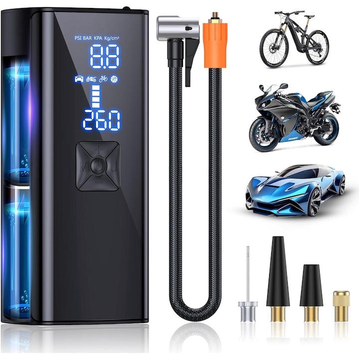 Compresor Auto Portabil Digital NextWave cu accumulator, 150PSI/10 Bari, Baterie Reincarcabila, pentru Anvelope Auto, Motociclete, Tubliss Enduro, Biciclete si Mingi, 4 moduri inteligente de unflare, oprire automata, power bank, lumina led, Negru