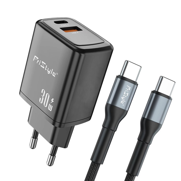Set Incarcator Fast Charge 30W la 20V/1.5A si cablu USB-C la USB-C, Compatibil cu Samsung, Huawei, Oppo, Nokia, OnePlus, Google Pixel, Allview, Apple iPhone 15, 16, 17, Negru, PriStyle®