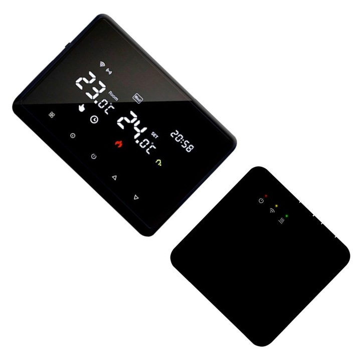 Termostat de Ambient Wifi Inteligent, Control prin Aplicatie, Compatibil cu toate Centralele pe Gaz, Functie de Programare si Control Voce, Ecran LCD, Touch Screen, Wireless, cu blocare pentru copii, cu alarma, Negru