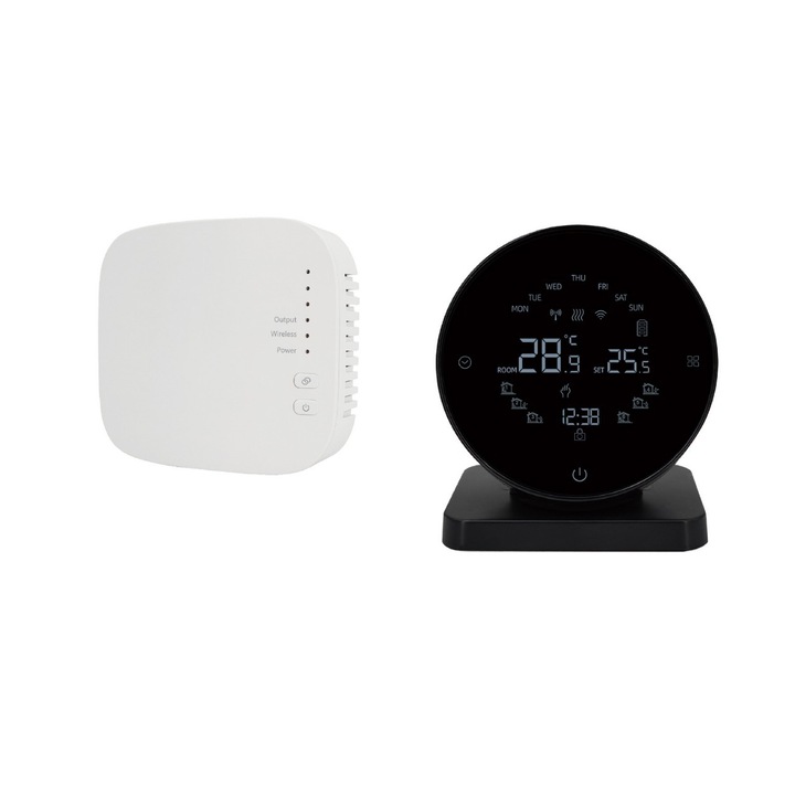 Termostat inteligent rotund, Compatibil cu orice centrala termica, Functi smart WIFI, Telecomanda wireless, 100 de metri, control vocal, Negru
